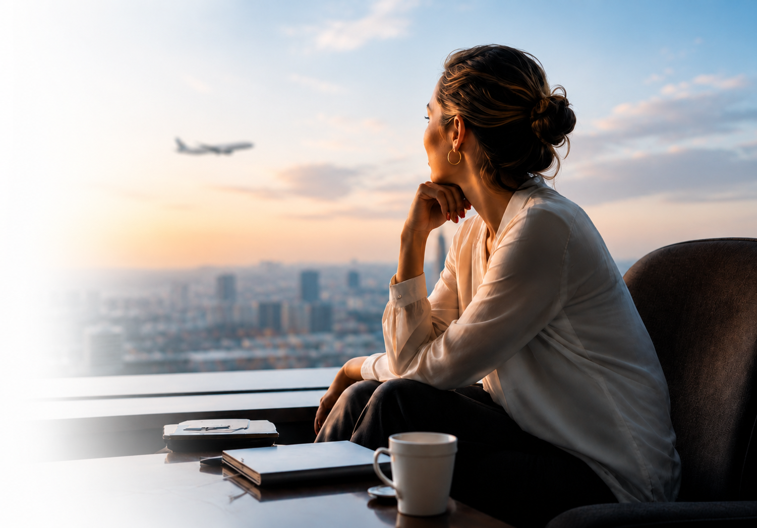 A travel advisor looks out over a city skyline at sunset as an aircraft climbs in the distance.